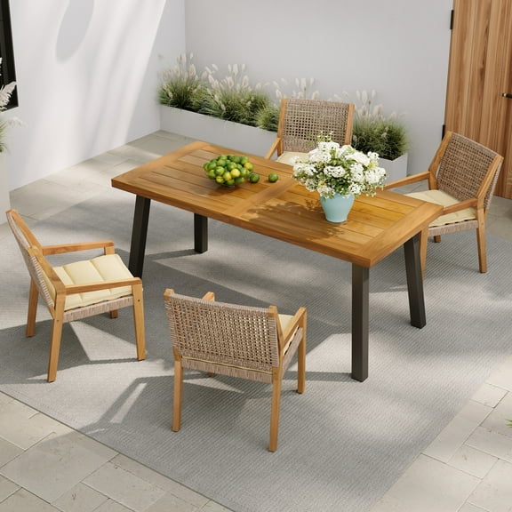 Christopher Knight Home 5-Piece Outdoor Dining Set, 69" Wood Rectangle Table with Wicker Chairs, Cream Cushions