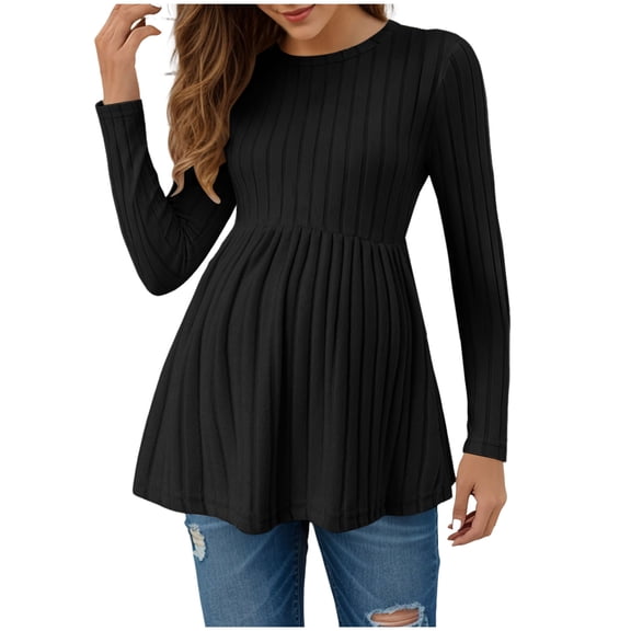 Womens Maternity Tops Long Sleeve Pregnancy Tunic Loose Blouses Crew Neck Ribbed Ruched Babydoll Maternity Shirts Black XL