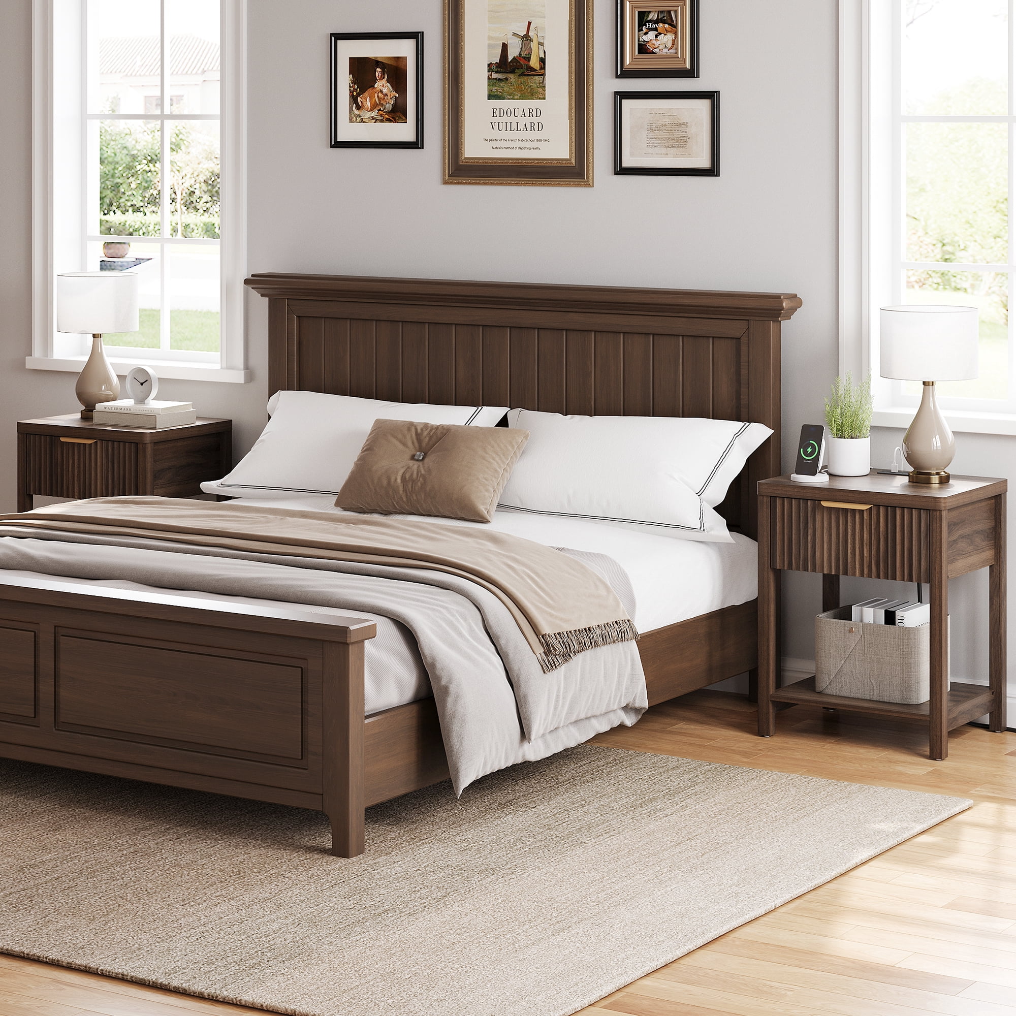 Aufeile Nightstand for Bedroom Set of 2 with Charging Station, Modern Side Table with Drawer & Open Shelf, Fluted End Table with 2 AC Outlets, USB & Type-C, Walnut