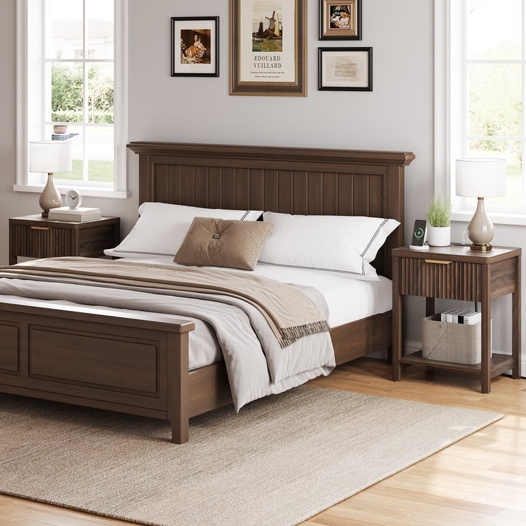 Aufeile Nightstand Set of 2 with Charging Station, Walnut photo 5
