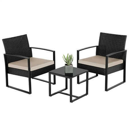 Smilemart 3 Piece Bistro Set With Rattan Chairs For Outdoor Patio And Balcony Beige Cushions From Accuweather Rattan Chairs For Outdoor Patio, 3 Piece Patio Cushion Set