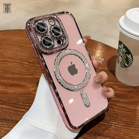 Luxury Diamond Lens Film Bling Case For iPhone 15 11 12 13 14 Pro Max Plus Clear Magsafe Magnetic Wireless Charging Pink Cover