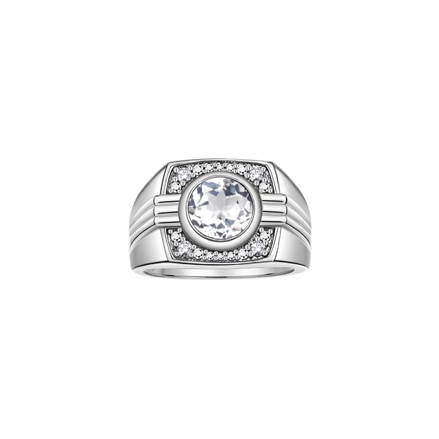 RYLOS Mens Rings Sterling Silver Designer Round Gemstone & Sparkling Diamond Ring White Topaz April Birthstone Rings For Men, Men's Rings, Silver Rings, Sizes 8 - 13
