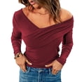 thumbnail image 1 of Top de manga larga con cuello en V, suave y agradable para la piel, cómodo y transpirable, para mujer, para compras en casa, oficina, al aire libre, rojo vino, 2XL, 1 of 7