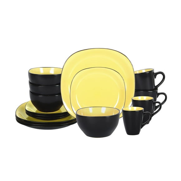 HomeVss, Stoneware Square 16pc Dinnerware Set, Inside Spinwaseh Swirl Rose + Outside Black