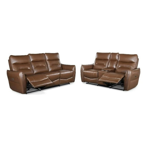 Furniture of America Dansworth 2-Piece Leather Power Sofa Set in Caramel Brown