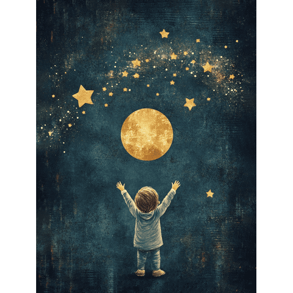 Golden Moon and Stars Canvas Art Print， Suitable for Bedroom， Living Room， Nursery， Office， and Hallway Decoration.