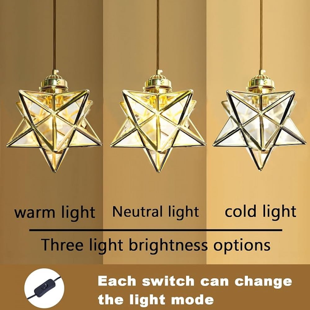 Gold Moravian Star Pendant Light with Brass Shade&Seeded Glass, 16.5ft Plug-in Hanging Light Fixture with Switch, Brass Lighting Fixture for Kitchen Island, Bedroom, Nursery(LED Bulb Included)