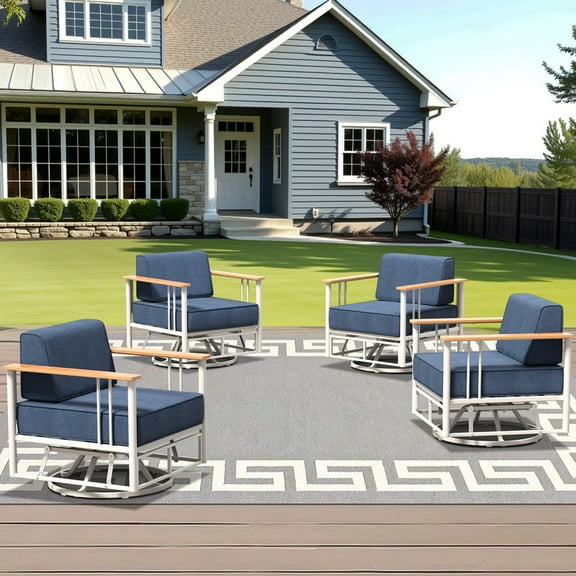 Unnifurnzi Outdoor Swivel Glider Patio Chairs-High Back Outdoor Swivel Rocking Chair Set of 4 Patio Furniture Set for Deck Porch Poolside Balcony-White/Blue