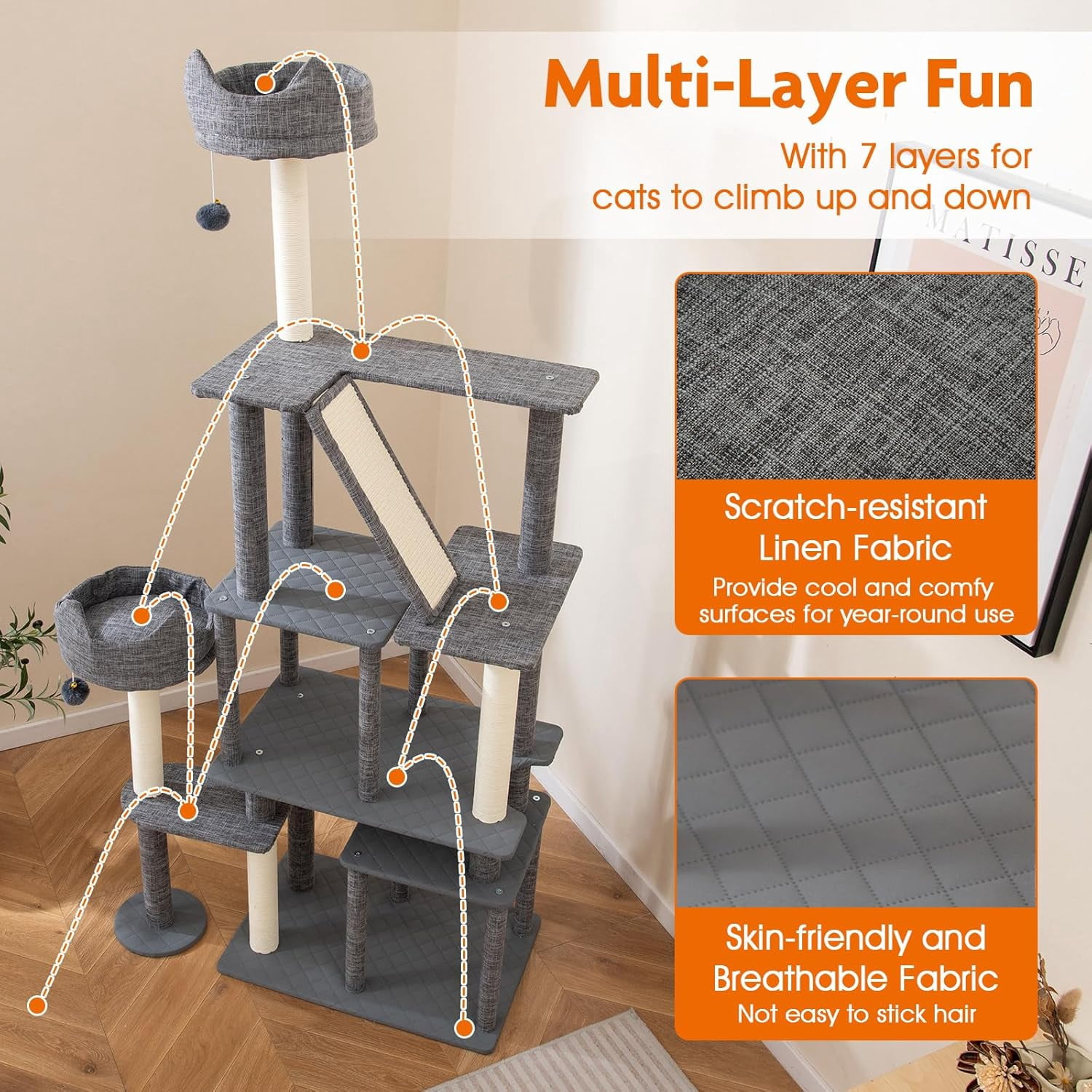 LEHOME 71 Inch Tall Cat Tree, Multi-Level Large Cat Tower with Scratching Posts & Sisal Board & Ladder, 2 Removable Condos, Perch, Bed, Dangling Balls, Modern Linen Fabric Cat Tree for Indoor Cat