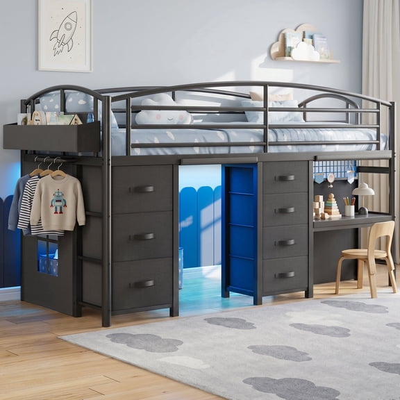 Hijob Twin Low Loft Bed for Kids with 7 Storage Drawers, Desk, LED Lights & Cozy Privacy Curtain – Sturdy Metal Frame, 13.8" Safety Guardrail, Black