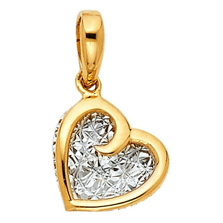 White Gold Heart Charm Diamond Cut White & Polisted Yellow Real Italian 14k Solid Gold Heart Charm Pendant No Links Chain Necklace ()