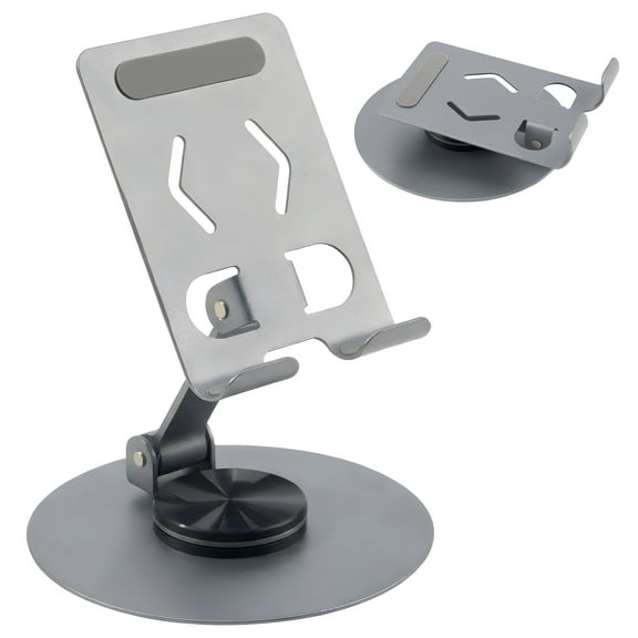 Phone Stand for Desk, Multi-Angle Swivel Fold Cell Phone Stand with 360° Rotation and Skeletonized Thermal Design, Charging Phone Holder with Anti-Slip Panel, Base & Groove, Three-Hinge for All Devic