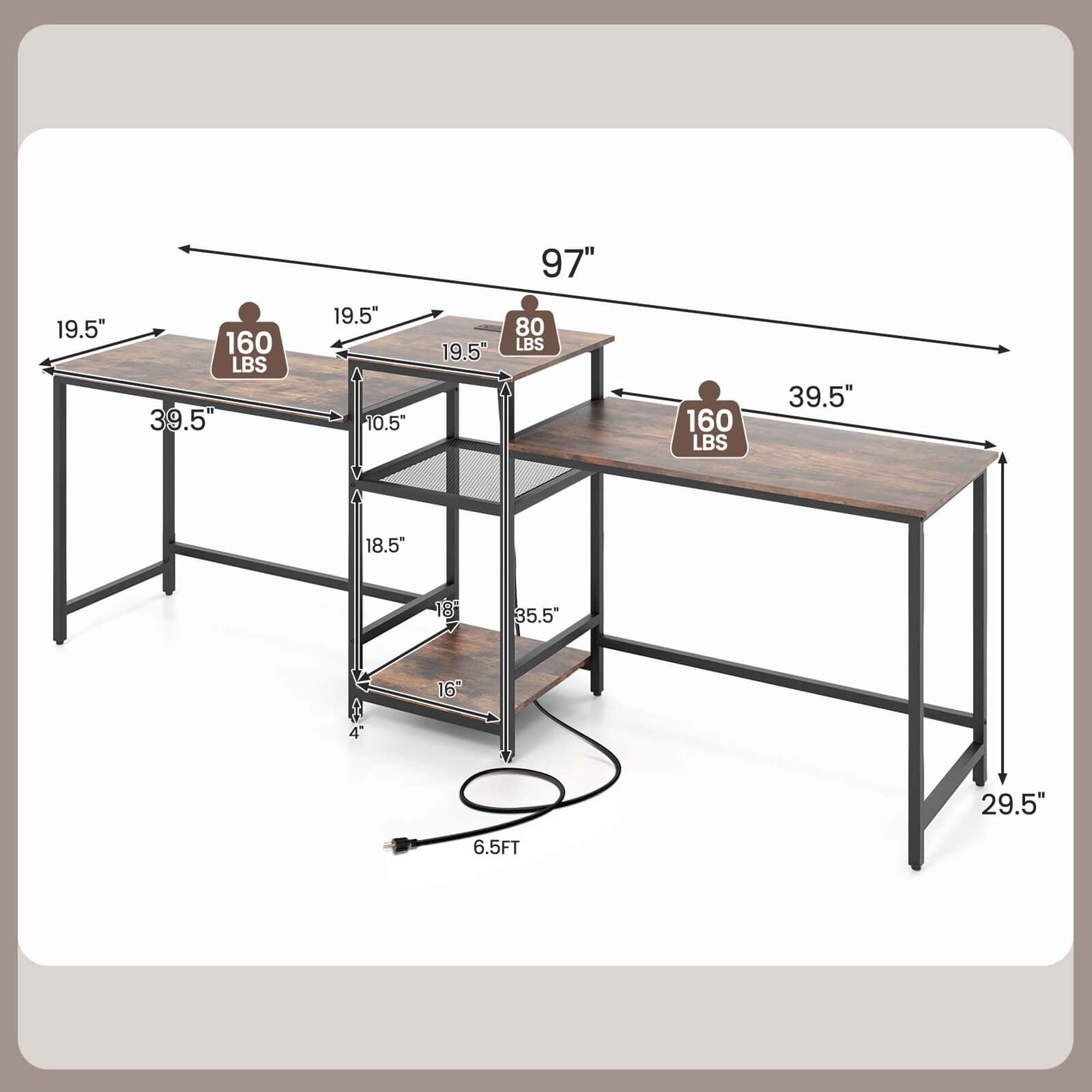 Costway 97 Inch Two Person Desk Double Computer Desk with Power Outlets Printer Stand