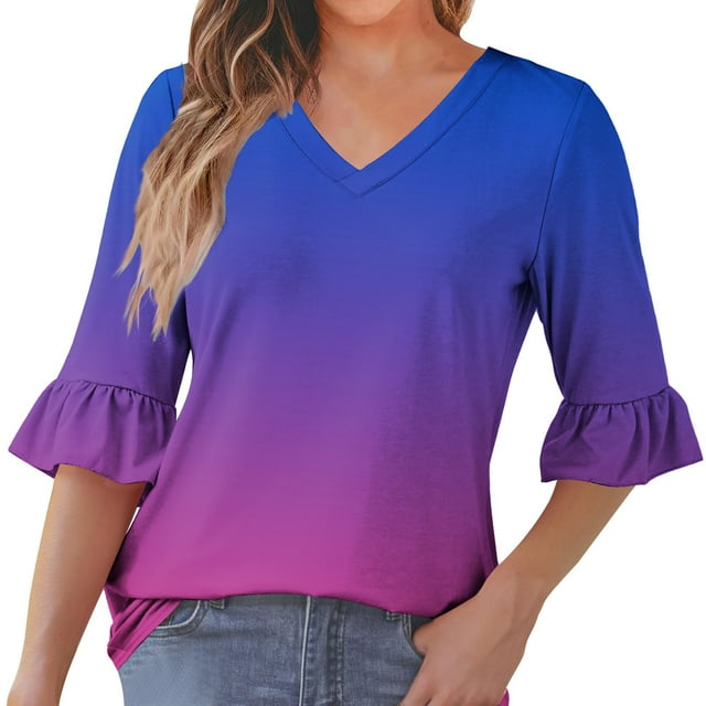 aidice Womens Tops Casual V Neck 3/4 Length Sleeve Ruffle Comfy Fitting Gradient Color Tee Shirts