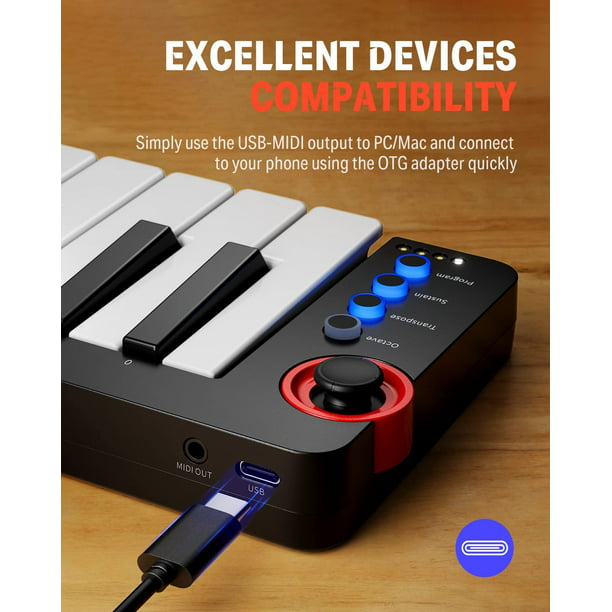 USB MIDI Keyboard Controller 25-Key Gift for Son,Donner N-25 Portable MIDI Keyboard with Velocity-Sensitive Keys & Light-up Rocker for iPhone, iPad, Mac and PC. - Walmart.com