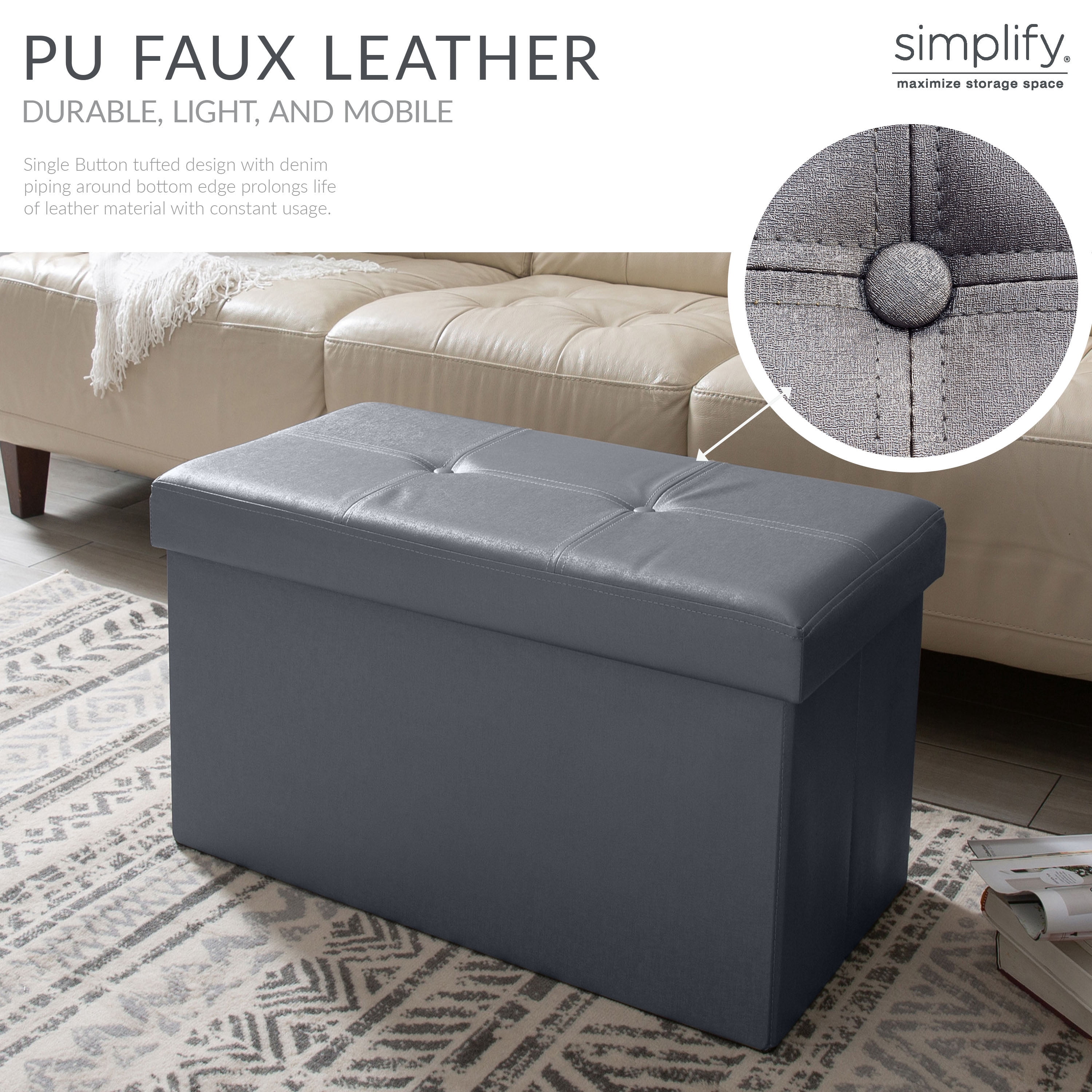 Simplify Faux Leather Double Folding Storage Ottoman Metallic Pewter