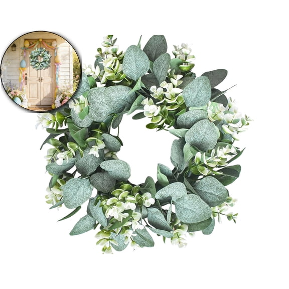 Artificial Eucalyptus Wreath 13.78 Inch Fabric Eucalyptus Leave Wreath Round Green Wreath for Farmhouse Wall Window Decor