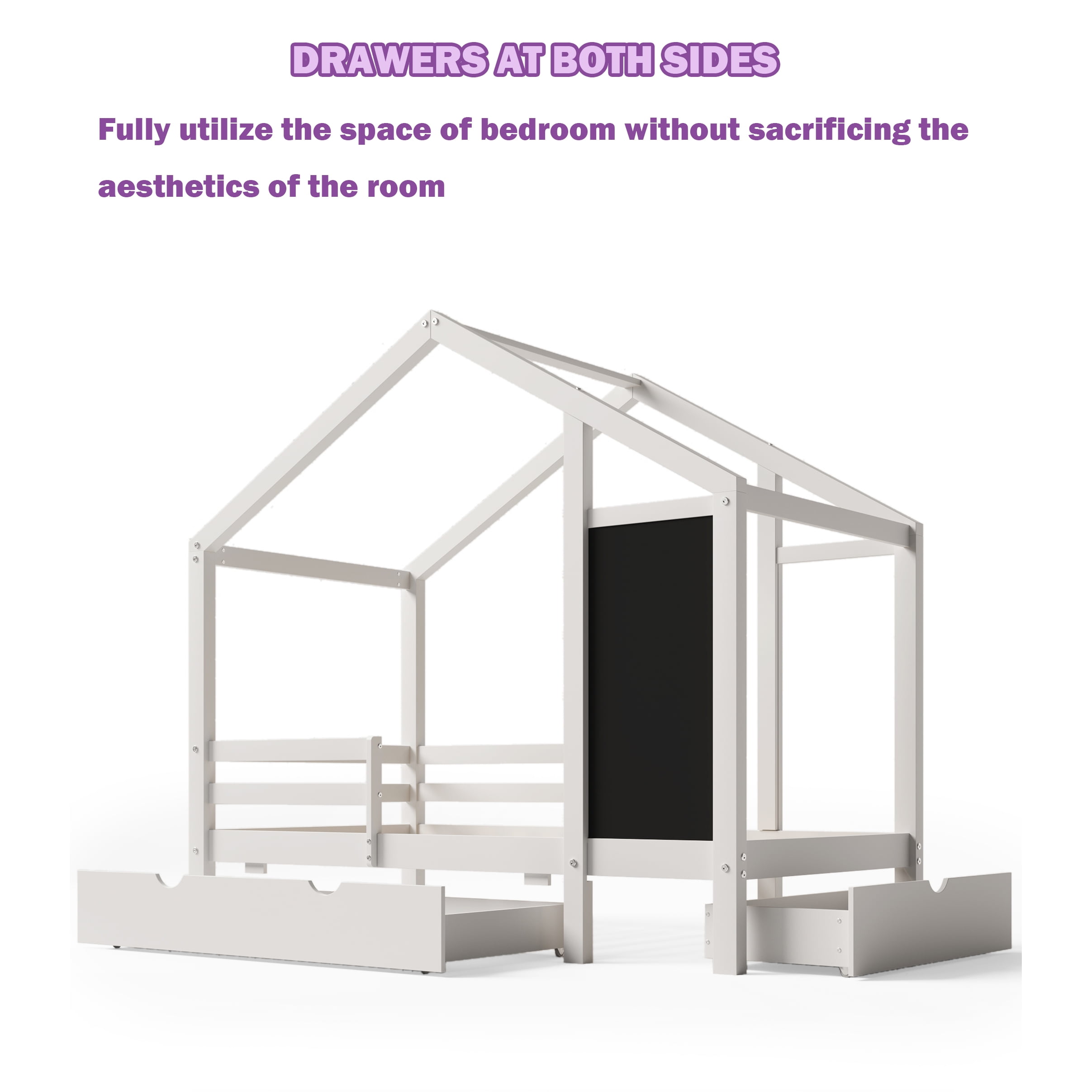 Bellemave Twin Size House Bed with Storage Drawers and Blackboard Playhouse Platform Bed with Guardrails and Wooden Slats Montessori Twin House Bed ,  Assembly Options, White