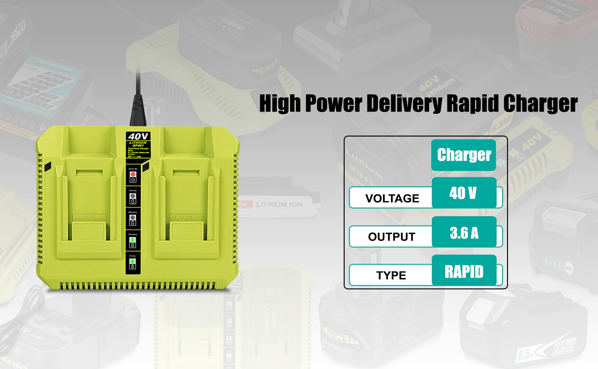 40V Dual Battery Charger Replacement for Ryobi 40V Rapid Charger OP401 OP403 OP404 OP406 OP407A OP40601 6Ah OP40602 4Ah OP4040 5Ah OP4050 Battery Fast Charger Ryobi 40 Volt 40V Dual Charger OP401