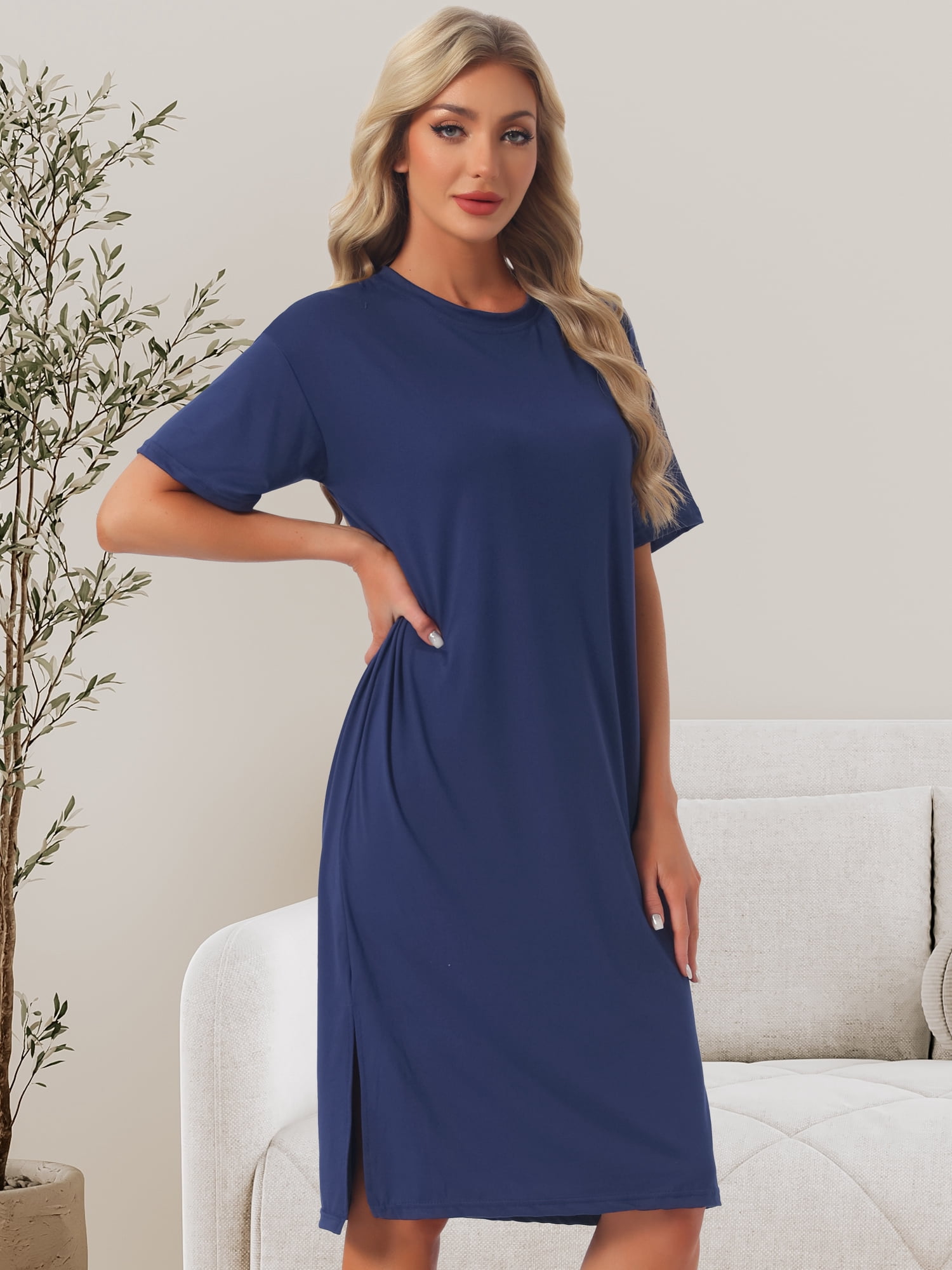 DARING DIVA Women's Casual Pajama Dress Loose Fit Short Sleeve Sleepwear L Blue