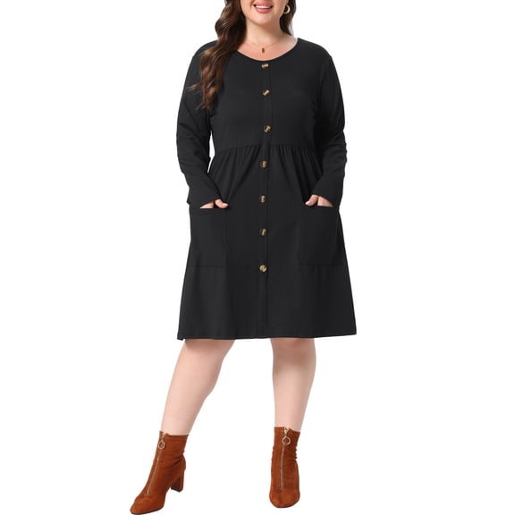 Agnes Orinda Women's Plus Size Crew Neck Babydoll Dress Button Decor Long Sleeve Swing Fall Soft Casual Dresses with Pocket 1X Black