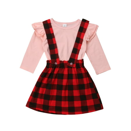 Toddler Infant Baby Girls Tops Plaids Party Pageant Tutu Plaid Skirts 2PCS Outfit Set Pink 80