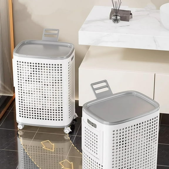 Colourtree 58L Laundry Basket, PP Plastic Clothes Hamper with Dual Handles, Ventilated Design for Sorting Clothes ( Lid + Wheels )