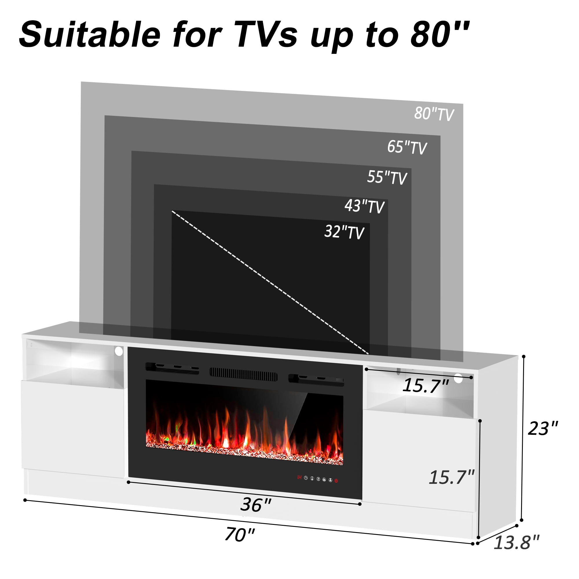 HARIPUL 70" Fireplace TV Stand for TVs Up to 80" with 36" Electric Fireplace, TV Console for The Living Room, LED Light Entertainment Center, Storage Cabinet, Media Console Table, White