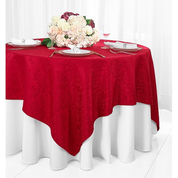 Wedding Linens Inc. 72" Square Damask Jacquard Polyester Table Overlays - Apple Red