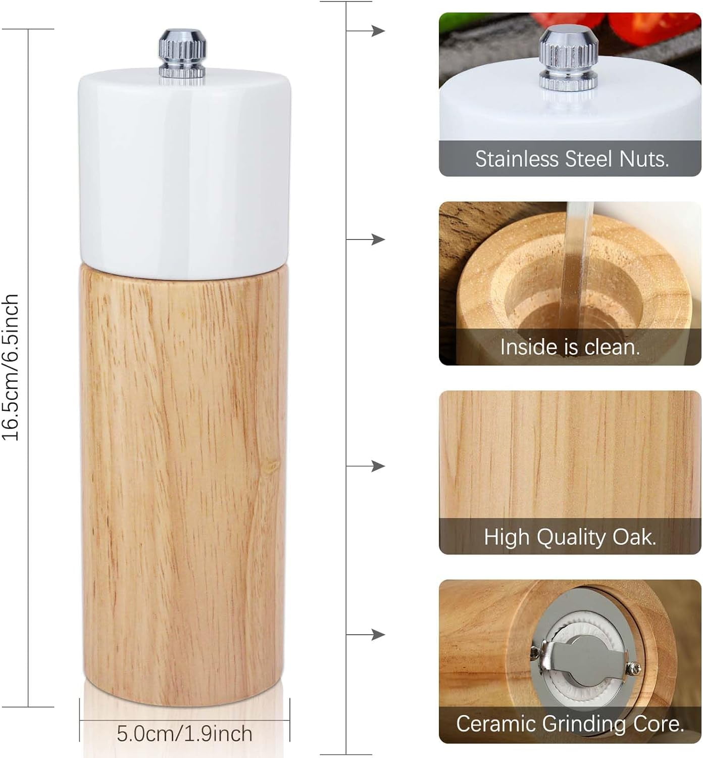 2 Pack Salt and Pepper Mill Set, Wooden Pepper Grinder Salt Shaker with Adjustable Ceramic Rotor, Manual Pepper Mills Grinders Refillable for Spice/Chili/Sesame, (Black+White)
