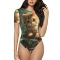 thumbnail image 1 of Bingfone Cute Kitten Water Lilies Pattern Women's Round Neck Bodysuit, Tight Snap Button Short Sleeve Bodysuit, Suitable for Party, Sports, Daily Wear-Small, 1 of 7