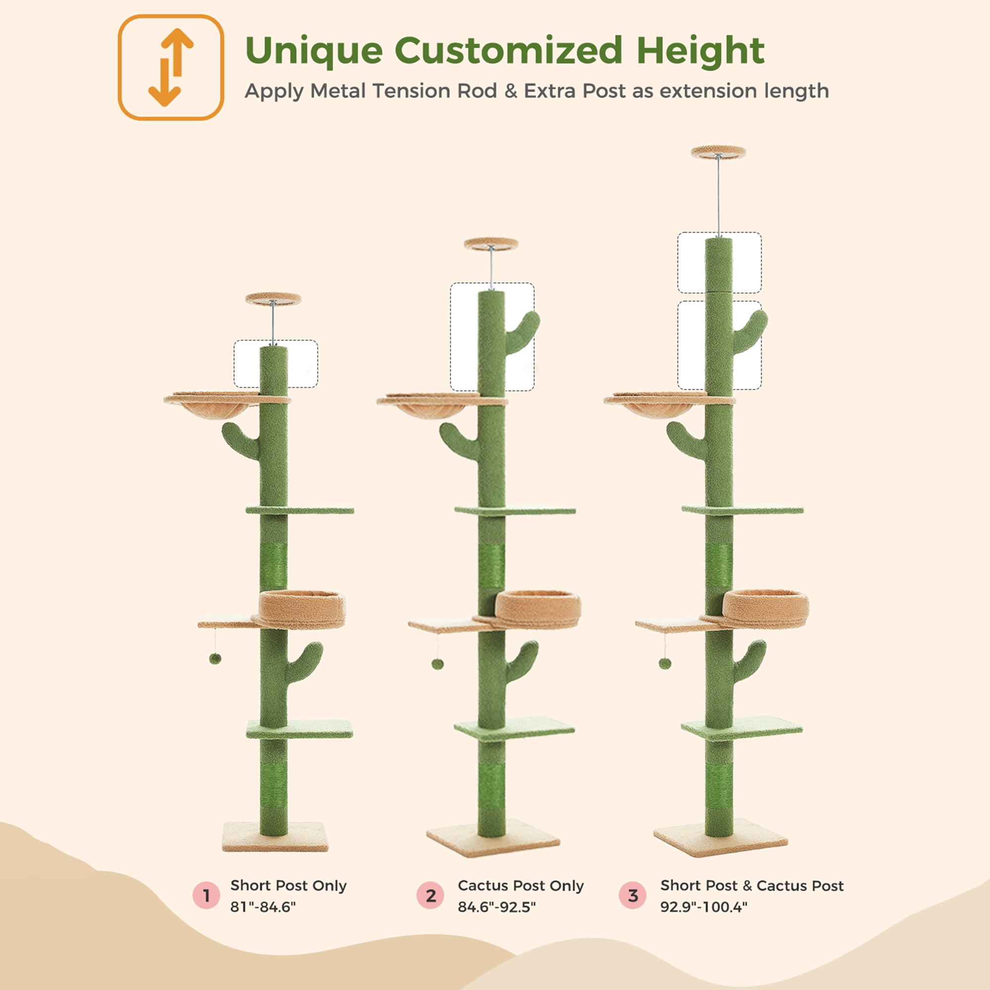 Kadyn (87"-100") Height Adjustable Floor to Ceiling Cat Tree, 5 Levels Cactus Cat Tower with Cat Perch and Hammock, Cat Climbing Activity Center, Green