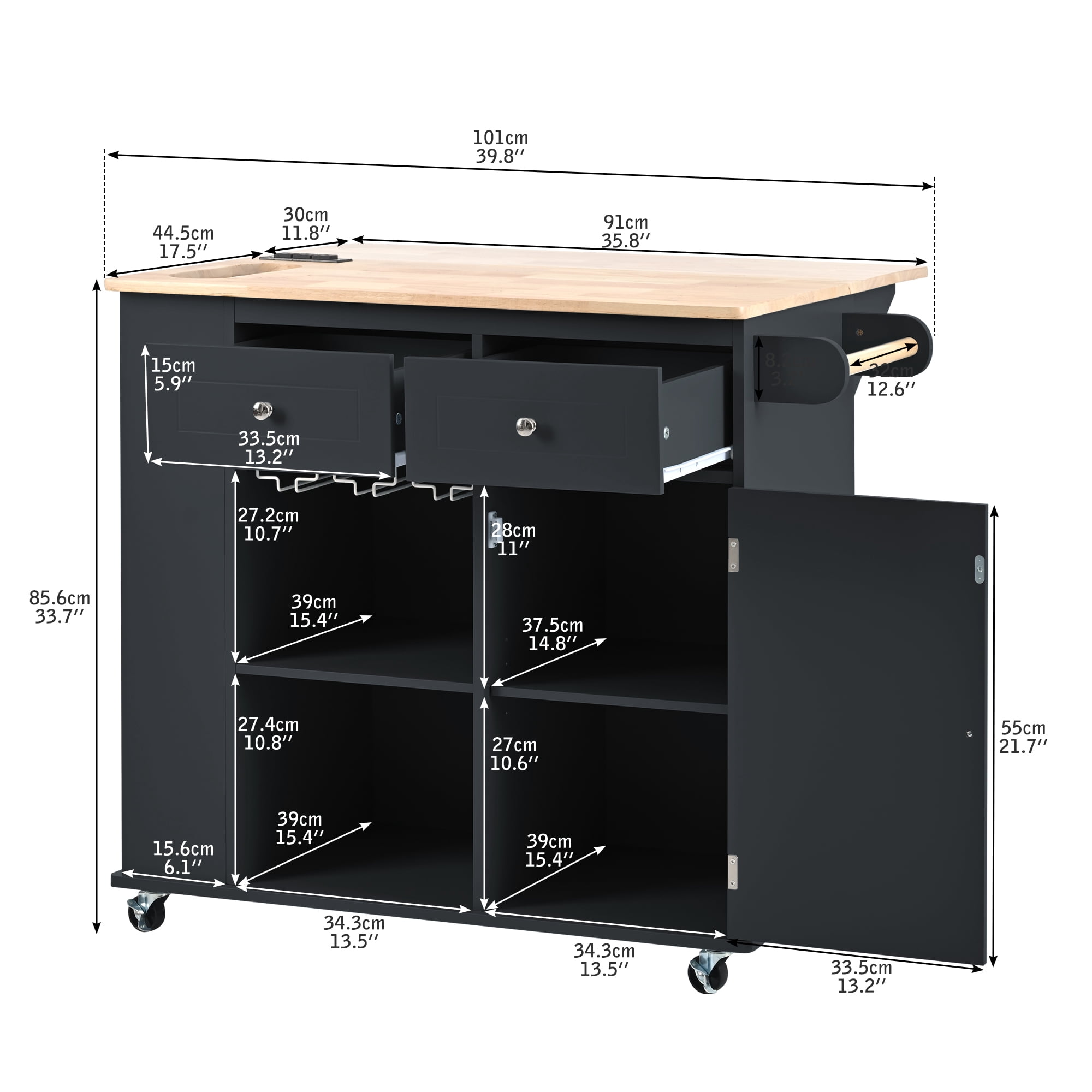 Vastcury 39.8" Kitchen Island Cart on Wheels with Power Outlet, Kitchen Storage Island with Drop Leaf and Wine Rack for Kitchen and Dining Room, Black