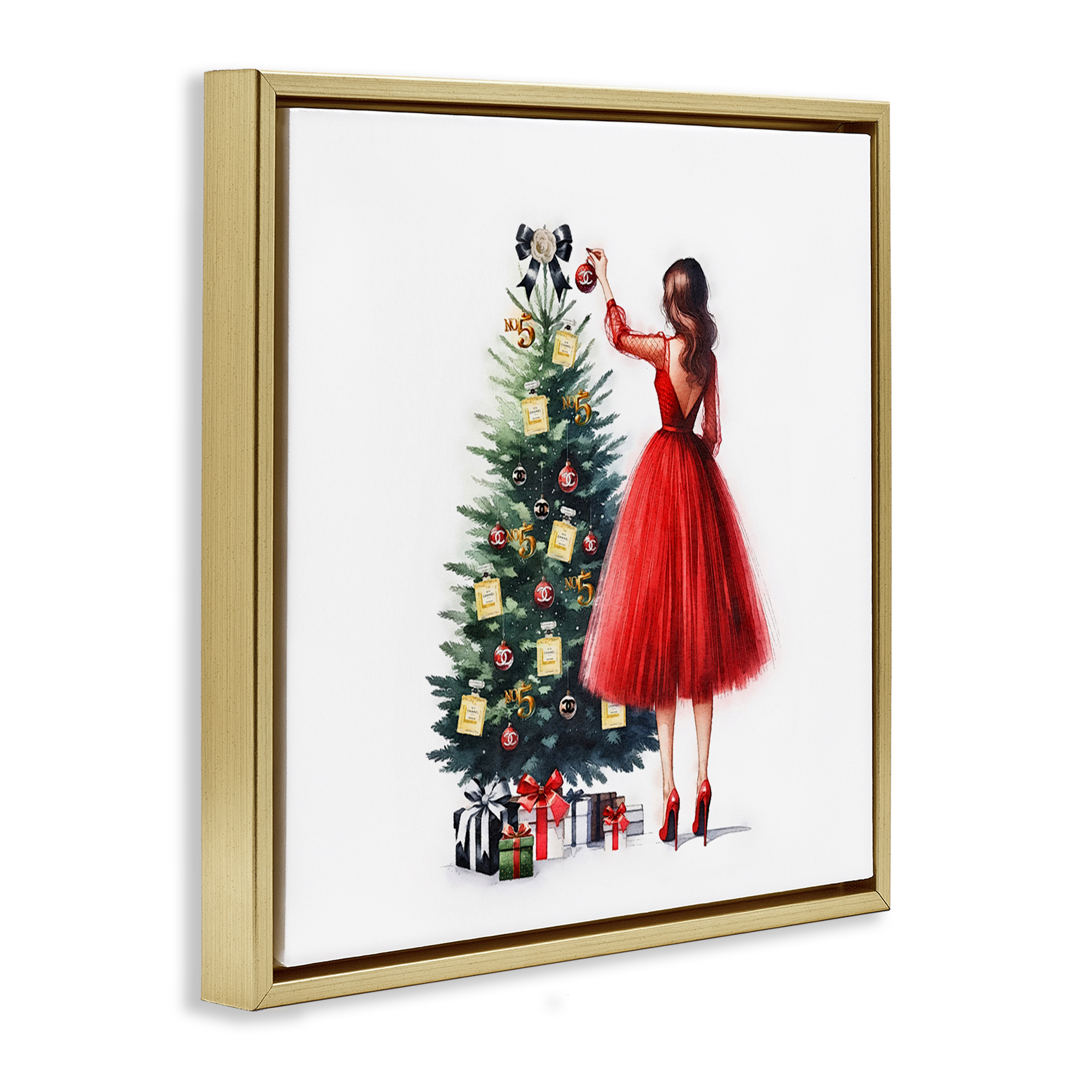 Stupell Industries Fashion Tree Ornaments Holiday Painting Gold Floater Framed Canvas Art Prints Wall Art, 18 x 18
