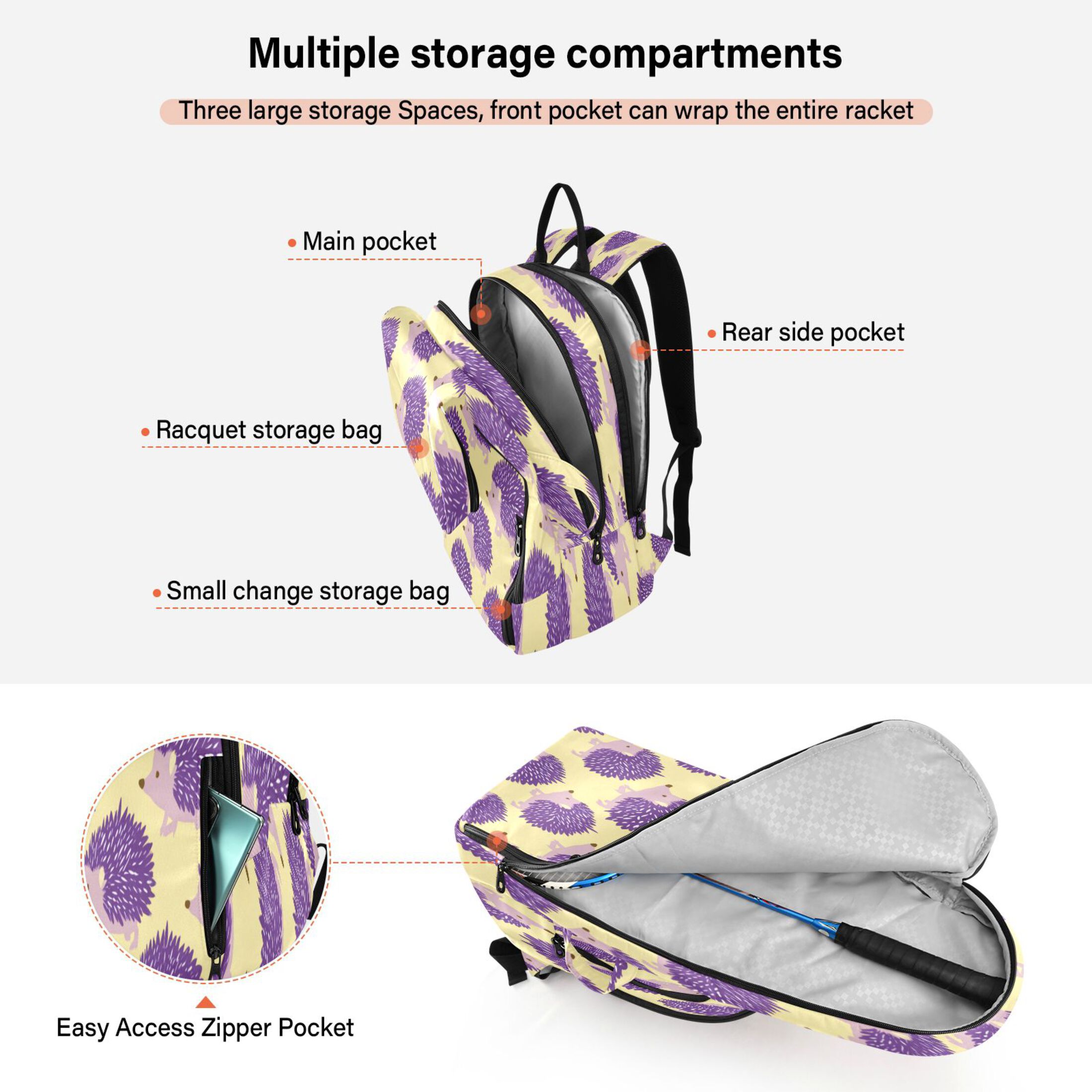 2 Racquet Holder Tennis Backpack Tennis Racket Covers Gym Bags Cute Purple Hedgehog