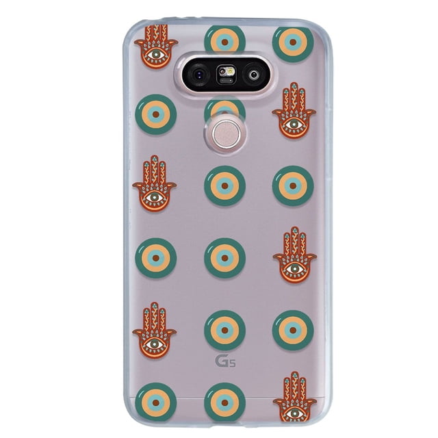 funda para lg g4 ojo turco y manos, uso rudo. Funda transparente de TPU flexible de 2 mm con patrón repetido de ojos turcos circulares verde y naranja y manos hamsa con ojo; vista posterior centrada con recortes para cámara dual y lector de huellas, protección 360 grados y ajuste perfecto al LG G4.