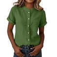 thumbnail image 3 of AKOEE Button Down Linen Shirts for Women Collarless Short Sleeve Casual Dressy Blouses Summer Tops Loose Fit (XL, Green), 3 of 8
