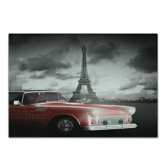 Paris Cutting Board, Vintage Car Tour Eiffel in Cold Cloudy Day Romantic Theme Retro Style Art, Decorative Tempered Glass Cutting and Serving Board, Small Size, Grey Red, by Ambesonne