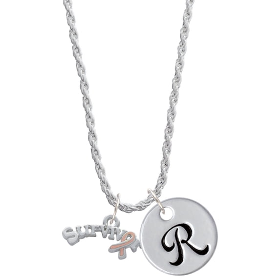 Delight Jewelry Silvertone Survivor with Pink Ribbon Silvertone Script Initial Disc - R - Charm Necklace, 20"+3"