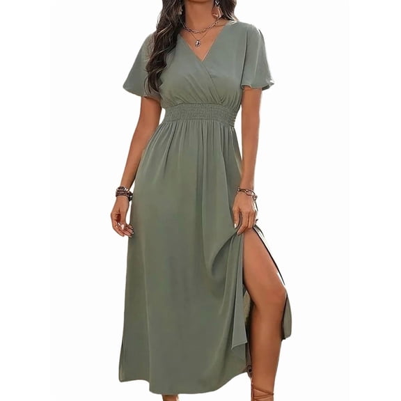 Women'S V Neck Maxi Dress Casual Vacation Short Sleeve Summer Dress Beach Boho Chic Day Gown Olive Green XL
