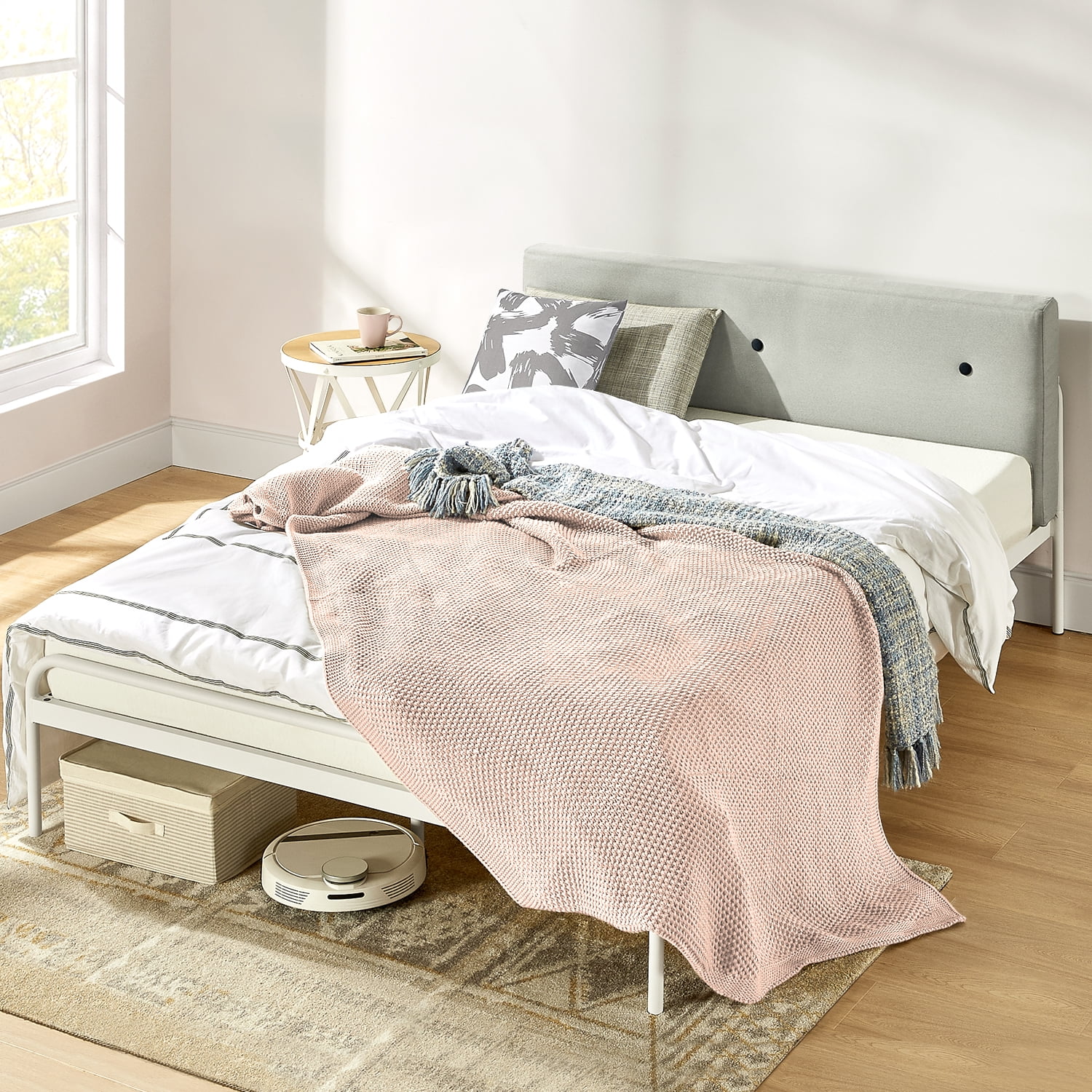 Mellow Maggie Metal Platform Bed with Upholstered Cushion Headboard, Sky Grey, King