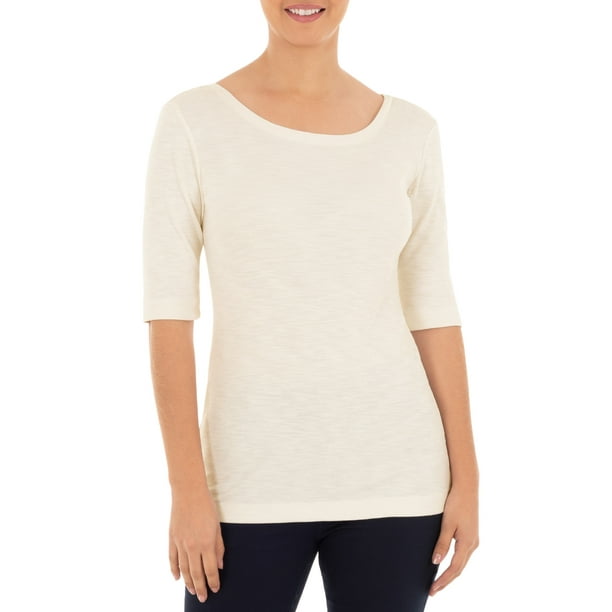 Time and Tru Women's Elbow Sleeve Scoop Neck TShirt
