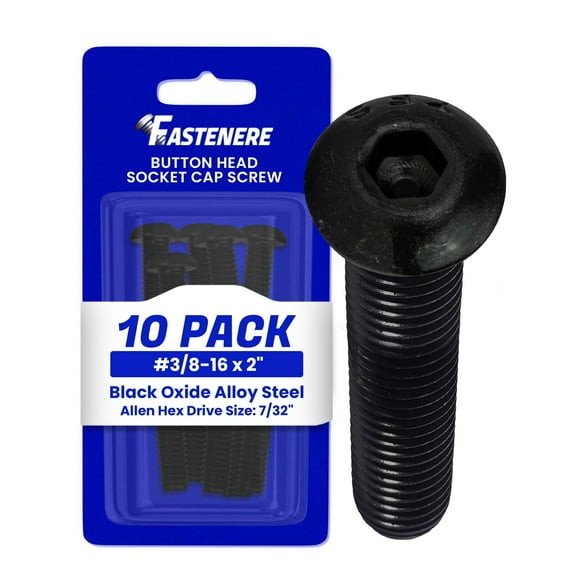 Fastenere Button Head Socket Cap Screws - 3/8-16 x 2" (10-Pcs) Alloy Steel, Fully Threaded, Fine Black Oxide Finish, Corrosion-Resistant, Machine Thread, Easy to Install w/ Allen Hex Drive