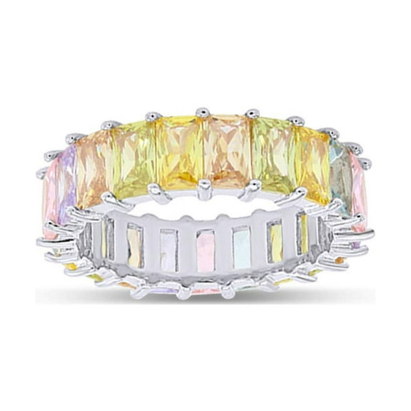 AFFY 18K White Gold Plated Emerald-Cut Multi Color AAA Created-Gemstone Eternity Ring Rainbow Ring Size-5