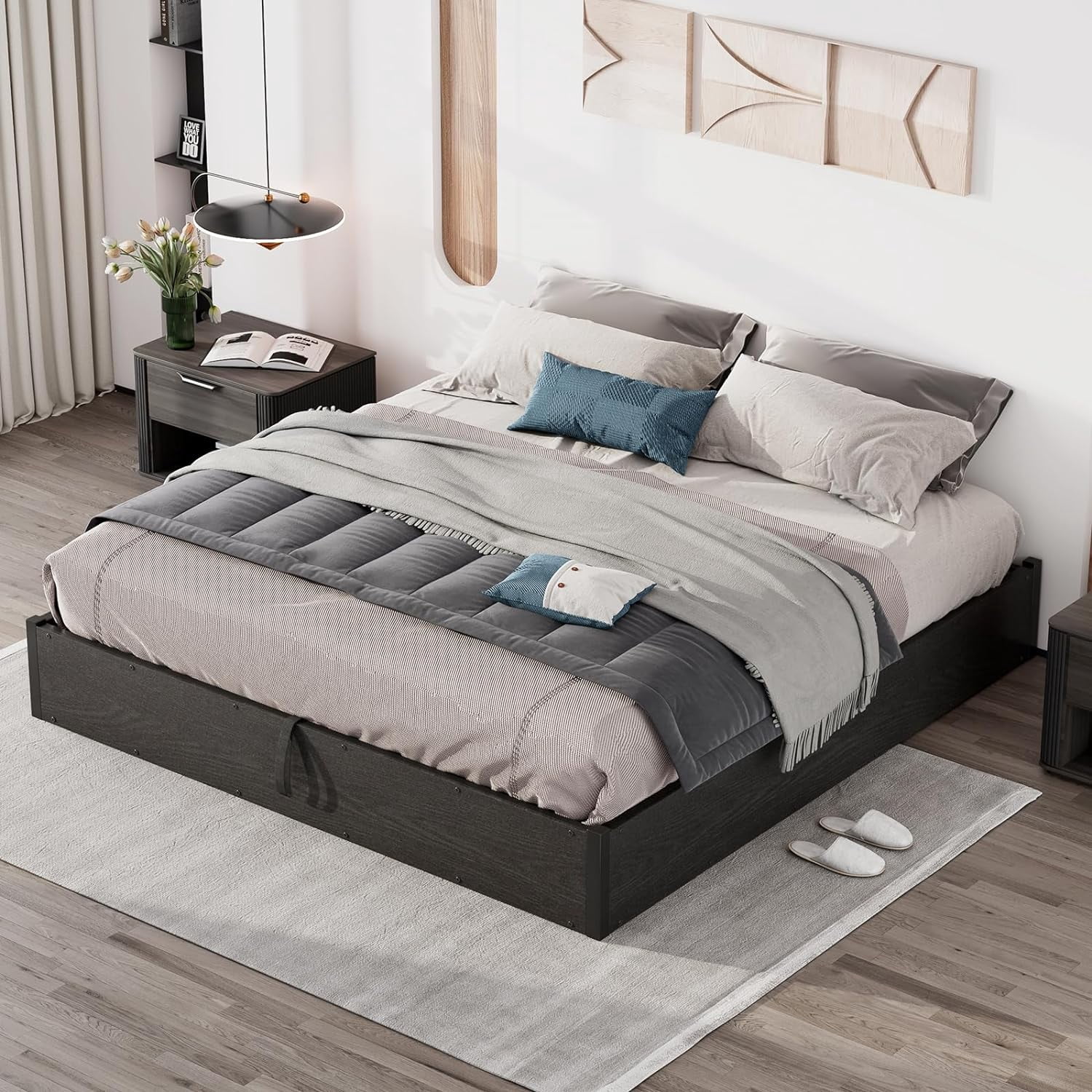 VanAcc Queen Size Lift Up Storage Platform Bed Frame, Metal Bed Frame with Wooden Slats Support, Large Storage Space, Noise Free, Easy Assembly, Black