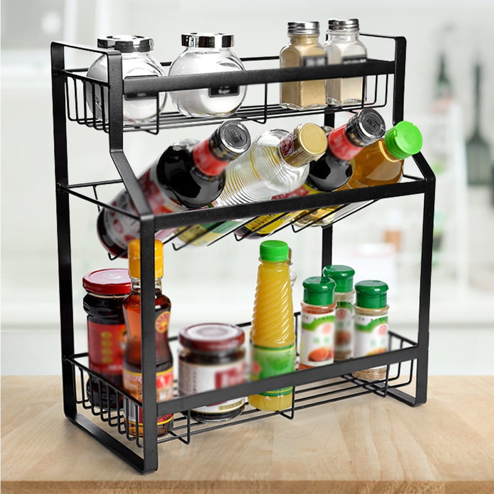 3 Tier Industrial Spice Rack, Matte Black Metal and Burnt Wood