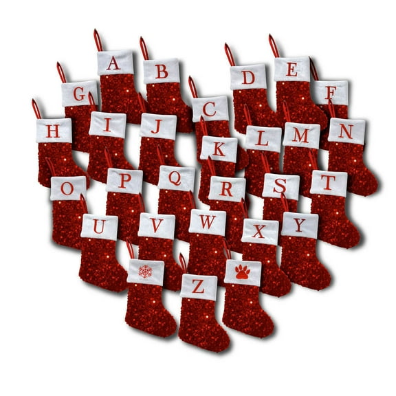 Taotanxi 8 Inches Initial Monogram Embroidered Christmas Stocking Glitter Sequins Bowknot with Velvet Small Christmas Stocking Red,Gray,Green Christmas Decorations-Red-J