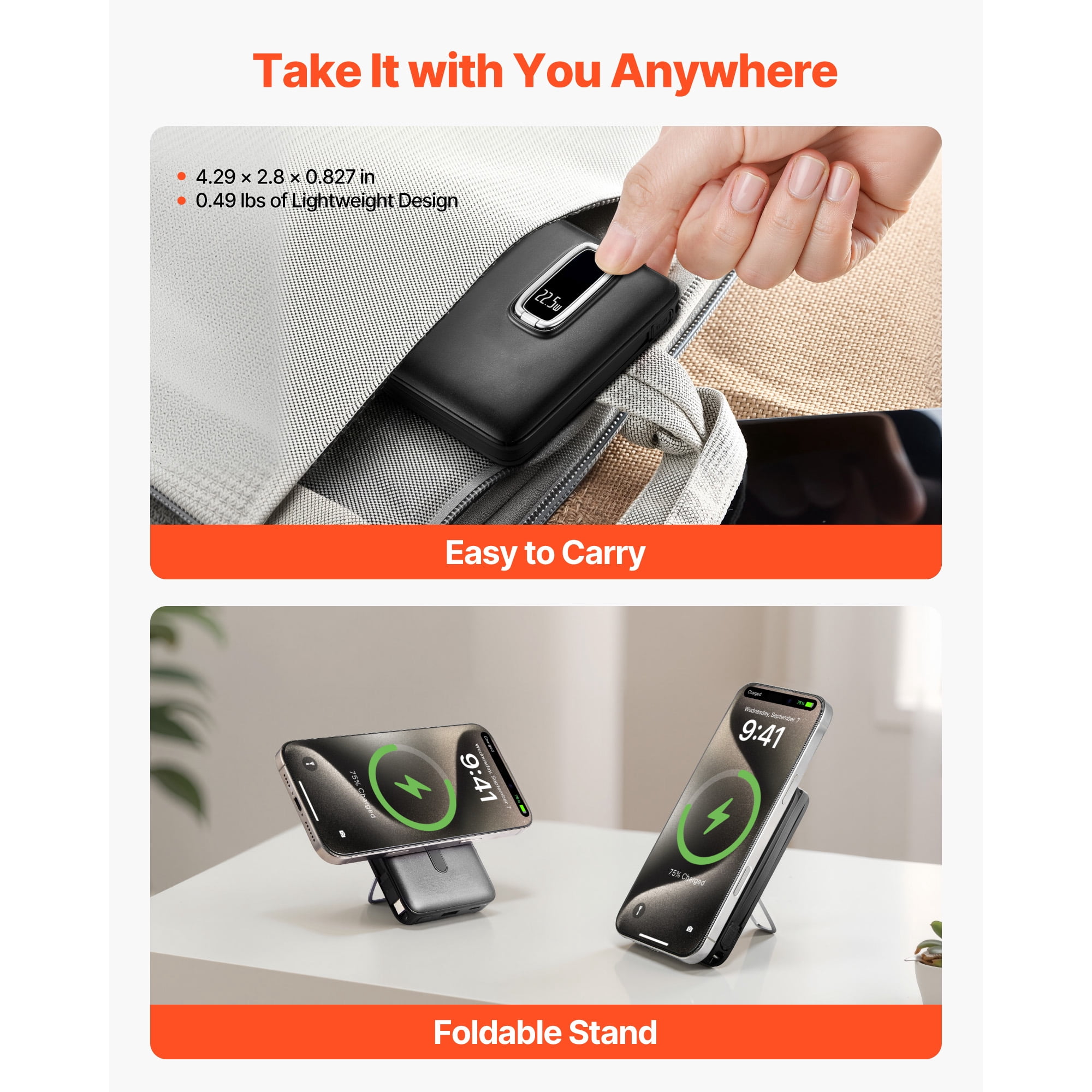 KFFKFF Magnetic Power Bank, 10000 mAh Portable Charger with Wireless Compatibility, Smart LED Display, Foldable Stand, and Fast Charging for iPhone16/15/14/13/12 Series, Samsung, Huawei