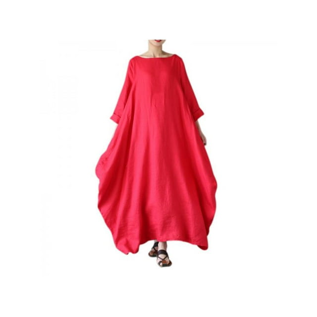 Women's Sexy Round Neck Retro Printed Skirt Half Sleeve Cotton Linen Loose Casual Dress